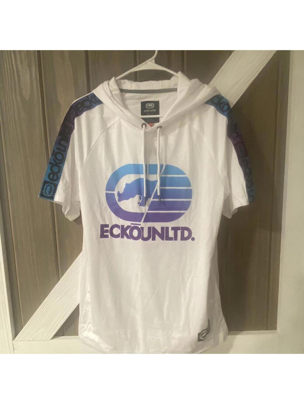 Ecko Unltd. White Short Sleeve Hoodie w/ Blue Graphic - Large